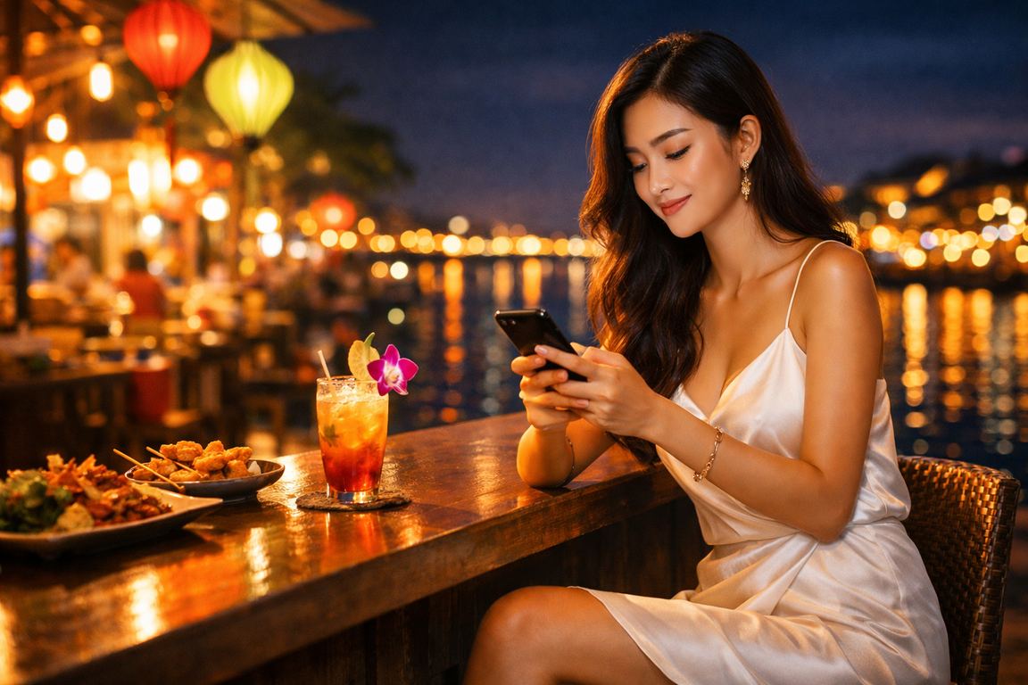 Người dùng truy cập r9t qua điện thoại tại chợ đêm Mekong